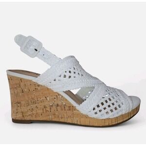 Impo Wedge Sandals Size 8.5 White Slingback Buckle Raffia Cork Heel Comfort Shoe